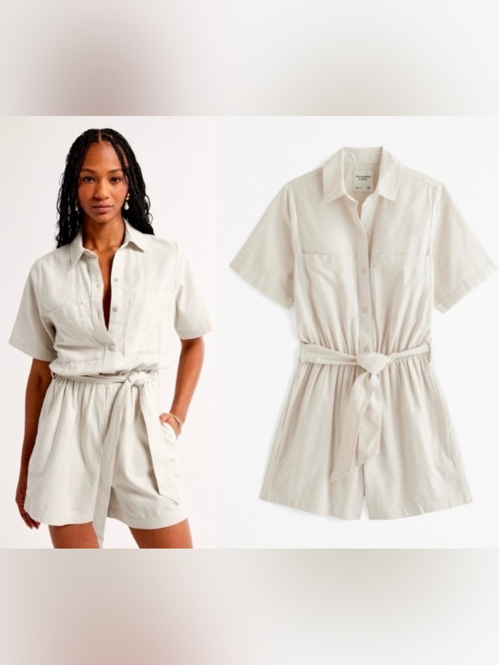 Abercrombie Linen-Blend Utility Romper in Cream/Beige